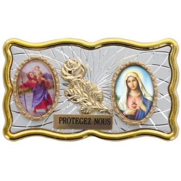 Plaque auto rectangle H. 3 x 6 cm de couleur argentée et dorée avec rose + 2 résines plusieurs Saints