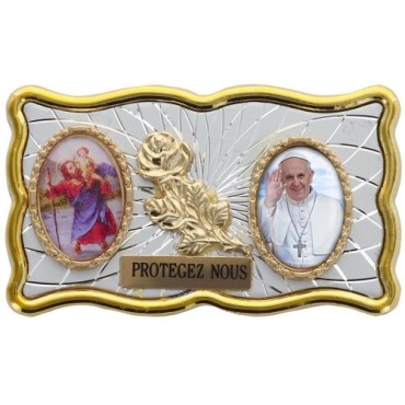 Plaque auto rectangle H. 3 x 6 cm de couleur argentée et dorée avec rose + 2 résines plusieurs Saints