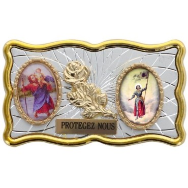 Plaque auto rectangle H. 3 x 6 cm de couleur argentée et dorée avec rose + 2 résines plusieurs Saints