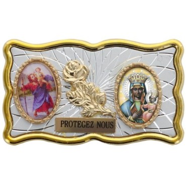 Plaque auto rectangle H. 3 x 6 cm de couleur argentée et dorée avec rose + 2 résines plusieurs Saints