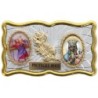 Plaque auto rectangle H. 3 x 6 cm de couleur argentée et dorée avec rose + 2 résines plusieurs Saints