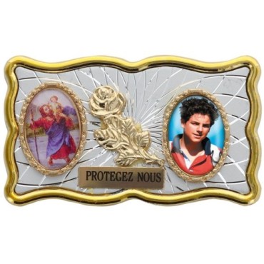 Plaque auto rectangle H. 3 x 6 cm de couleur argentée et dorée avec rose + 2 résines plusieurs Saints