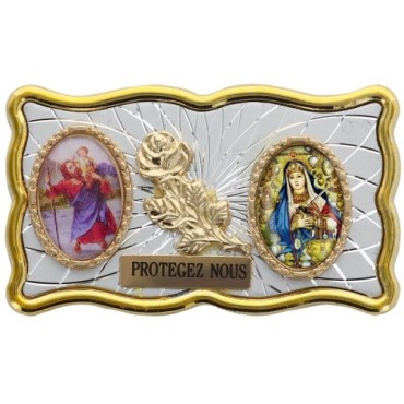 Plaque auto rectangle H. 3 x 6 cm de couleur argentée et dorée avec rose + 2 résines plusieurs Saints