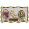 Plaque auto rectangle H. 3 x 6 cm de couleur argentée et dorée avec rose + 2 résines plusieurs Saints
