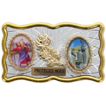Plaque auto rectangle H. 3 x 6 cm de couleur argentée et dorée avec rose + 2 résines plusieurs Saints