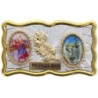 Plaque auto rectangle H. 3 x 6 cm de couleur argentée et dorée avec rose + 2 résines plusieurs Saints