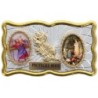 Plaque auto rectangle H. 3 x 6 cm de couleur argentée et dorée avec rose + 2 résines plusieurs Saints