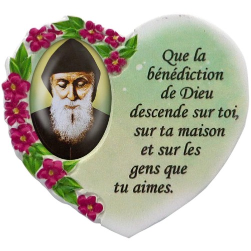 Magnet en résine en forme de coeur H. 6 x 6.5 cm, avec prière pour la maison et résine de diiférents Saints.