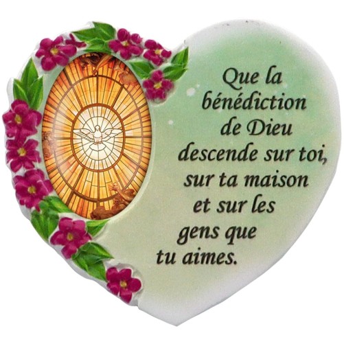 Magnet en résine en forme de coeur H. 6 x 6.5 cm, avec prière pour la maison et résine de diiférents Saints.