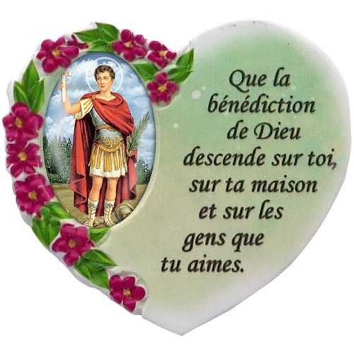 Magnet en résine en forme de coeur H. 6 x 6.5 cm, avec prière pour la maison et résine de diiférents Saints.