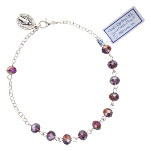Bracelet chaîne, perles rondes en semi cristal Ø 4 mm, avec médaille de la Vierge Miraculeuse