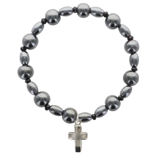 Bracelet dizainier sur élastique grains en hématite ronds et ovales avec croix en métal..