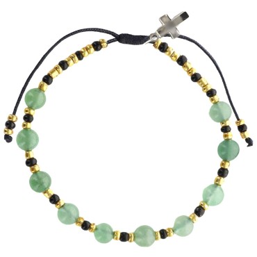 Bracelet dizainier sur corde réglable, grains en pierre Ø 6 mm, avec croix en métal. Existe en différentes pierres.