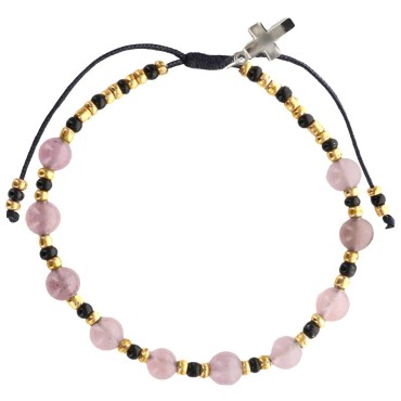 Bracelet dizainier sur corde réglable, grains en pierre Ø 6 mm, avec croix en métal. Existe en différentes pierres.