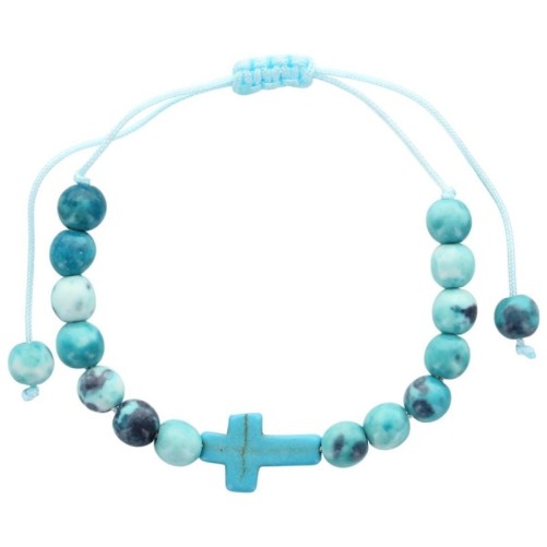 Bracelet sur corde réglable en pierre de jade blanc et turquoise synthétique avec croix. Différentes couleurs Ø 7 mm