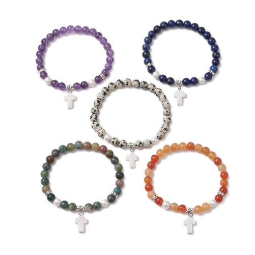 Bracelet sur élastique en pierre naturelle avec croix en coquille naturelle 6 mm. LOT DE 5 BRACELETS ASSORTIS