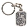 Porte-clés rectangulaire en métal argenté, style vitrail – Hauteur 3 cm, différents saints disponibles.