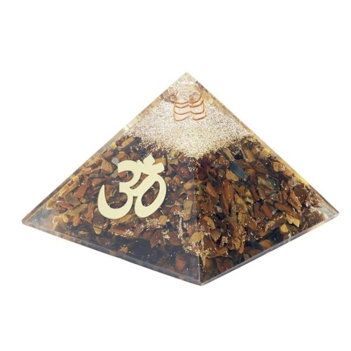Pyramide Orgonite avec symbole OM, L. 8 cm. Plusieurs pierres.