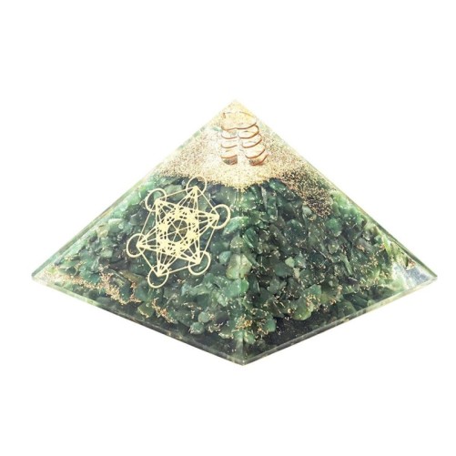 Pyramide Orgonite avec symbole metatron, L. 8 cm. Plusieurs pierres.
