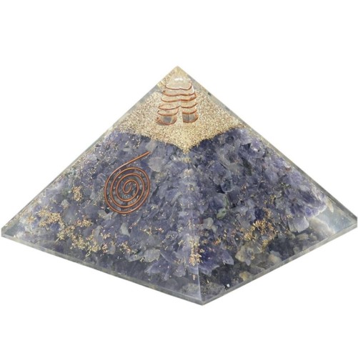 Pyramide Orgonite avec symbole Energie, L. 10 cm. Plusieurs pierres.