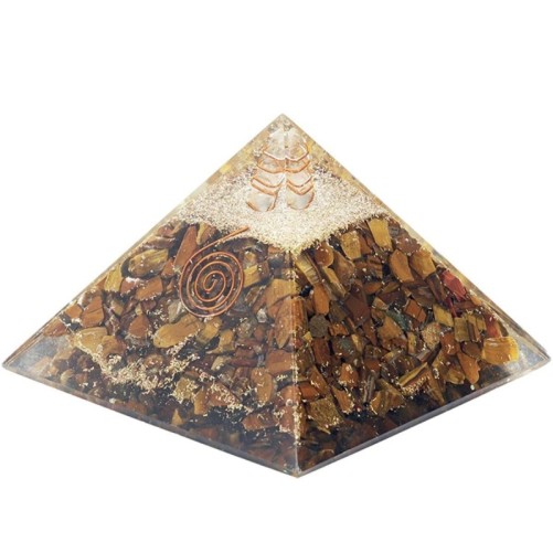 Pyramide Orgonite avec symbole Energie, L. 10 cm. Plusieurs pierres.