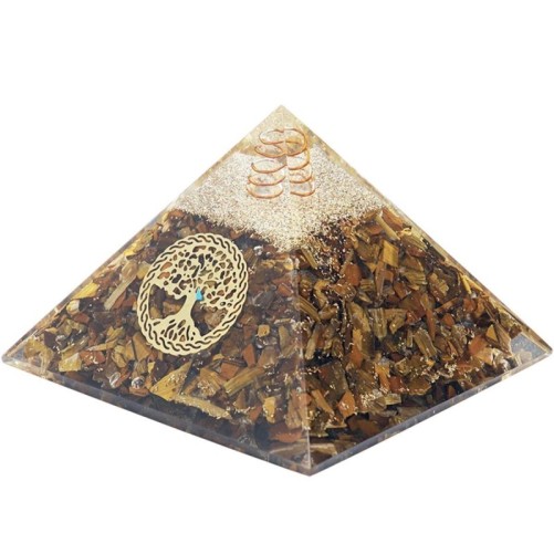 Pyramide Orgonite avec arbre de vie, L. 10 cm. Plusieurs pierres.
