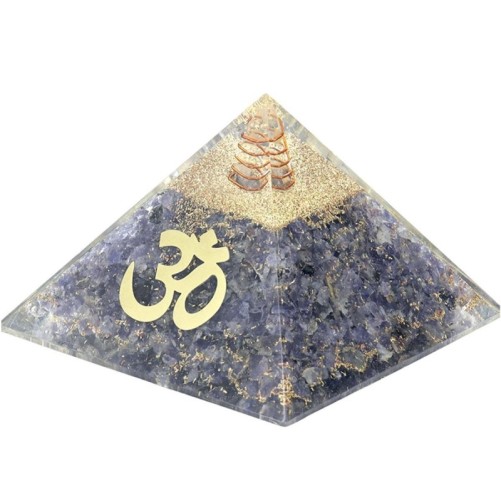 Pyramide Orgonite avec symbole OM, L. 10 cm. Plusieurs pierres.