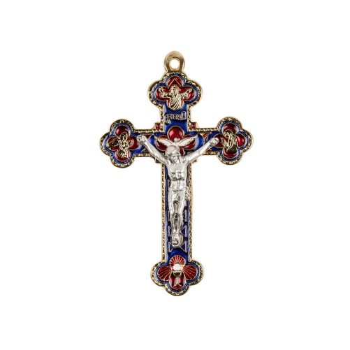 Croix baroque couleur doree et emaillee avec Christ metal couleur argentee.