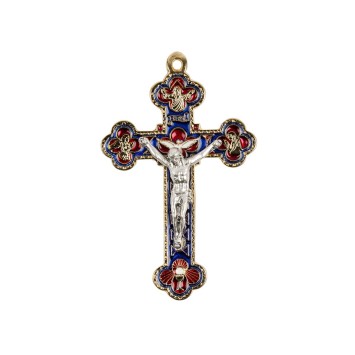 Croix baroque couleur doree et emaillee avec Christ metal couleur argentee.