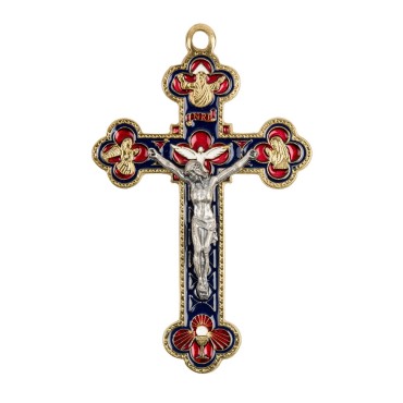 Croix baroque couleur doree et emaillee avec Christ metal couleur argentee.
