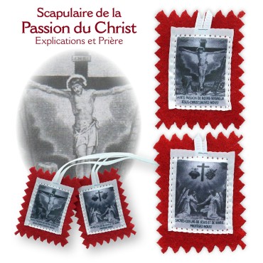 Scapulaire en tissus de la Passion du Christ avec explication H. 4,5 x 5 cm. Sachet individuel