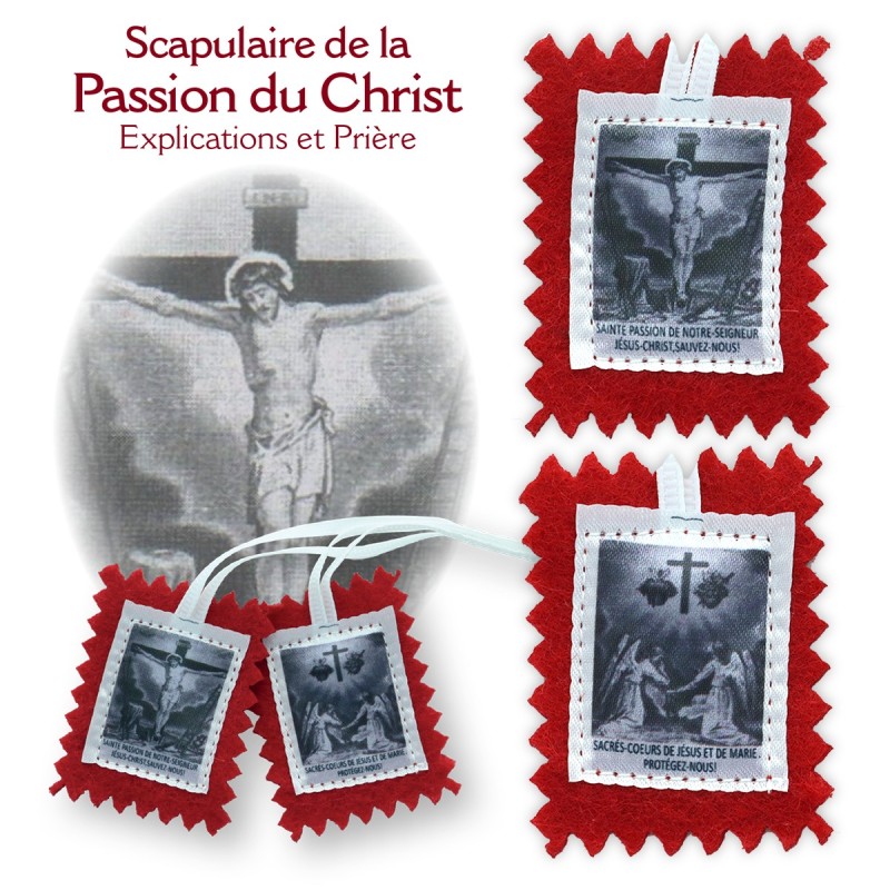 Scapulaire en tissus de la Passion du Christ avec explication H. 4,5 x 5 cm. Sachet individuel