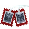 Scapulaire en tissus de la Passion du Christ avec explication H. 4,5 x 5 cm. Sachet individuel