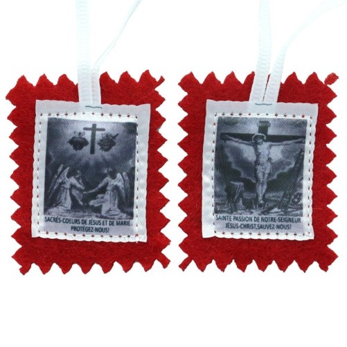Scapulaire en tissus de la Passion du Christ avec explication H. 4,5 x 5 cm. Sachet individuel