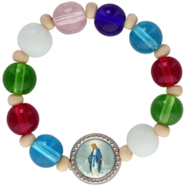 Dizainier sur élastique grains en verre multicolore Ø 8 mm avec résine de la Vierge Miraculeuse