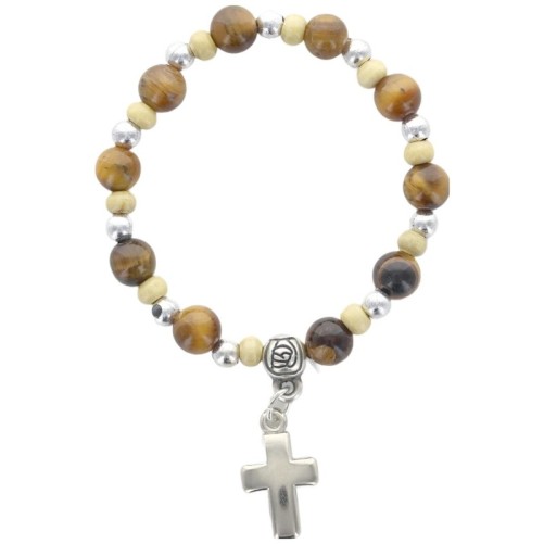 Bracelet dizainier sur élastique pour enfant, grains bois et pierre Ø 5 mm avec croix. Différentes pierres..