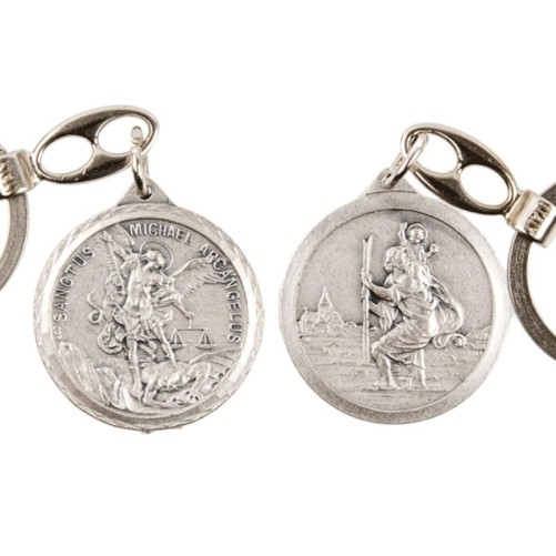 Porte-clés double face en métal couleur argentée Ø 3,2 cm saint Christophe et un saint.