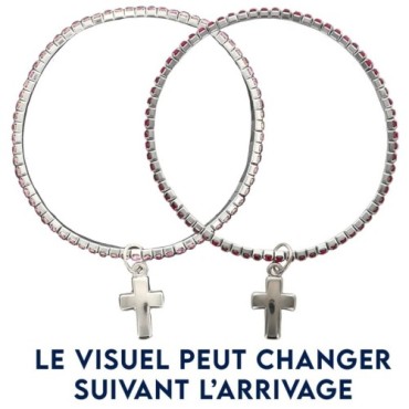 Bracelets extensibles avec des strass de couleur bleu ou rose Ø 2.5 mm, et une croix.