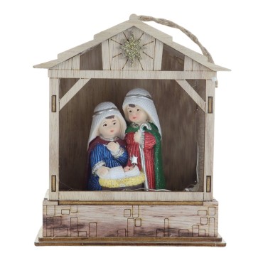 Nativité lumineuse en résine avec cabane bois à poser ou à suspendre H. 14.3 cm.