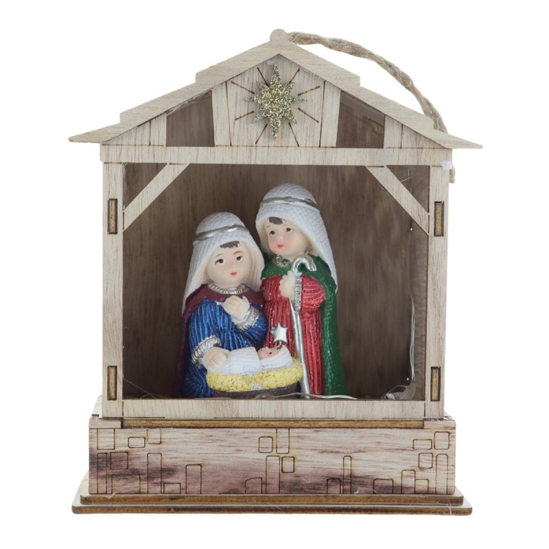 Nativité lumineuse en résine avec cabane bois à poser ou à suspendre H. 14.3 cm.