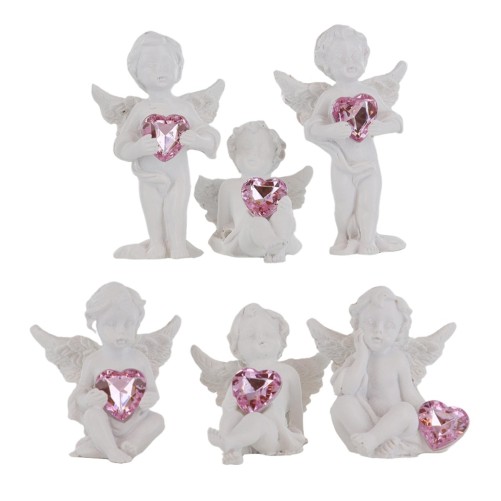 Boite de 12 anges en resine avec coeur - H. 4-7 cm (2 assortiments de 6 anges differents).