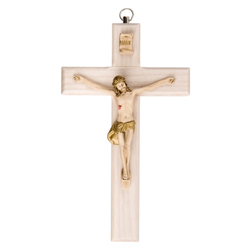 Crucifix en bois clair avec Christ en résine style bois, style bois..