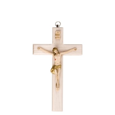 Crucifix en bois clair avec Christ en résine style bois, style bois..