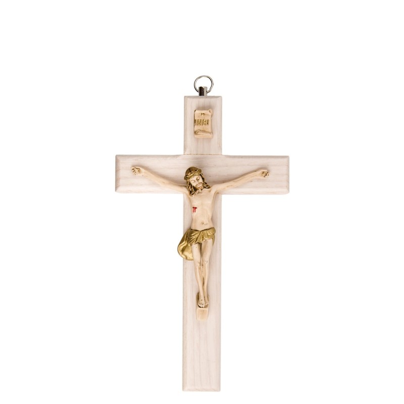 Crucifix en bois clair avec Christ en résine style bois, style bois..