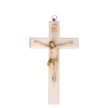 Crucifix en bois clair avec Christ en résine style bois, style bois..