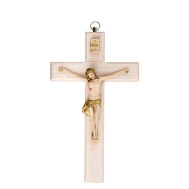 Crucifix en bois clair avec Christ en résine style bois, style bois..