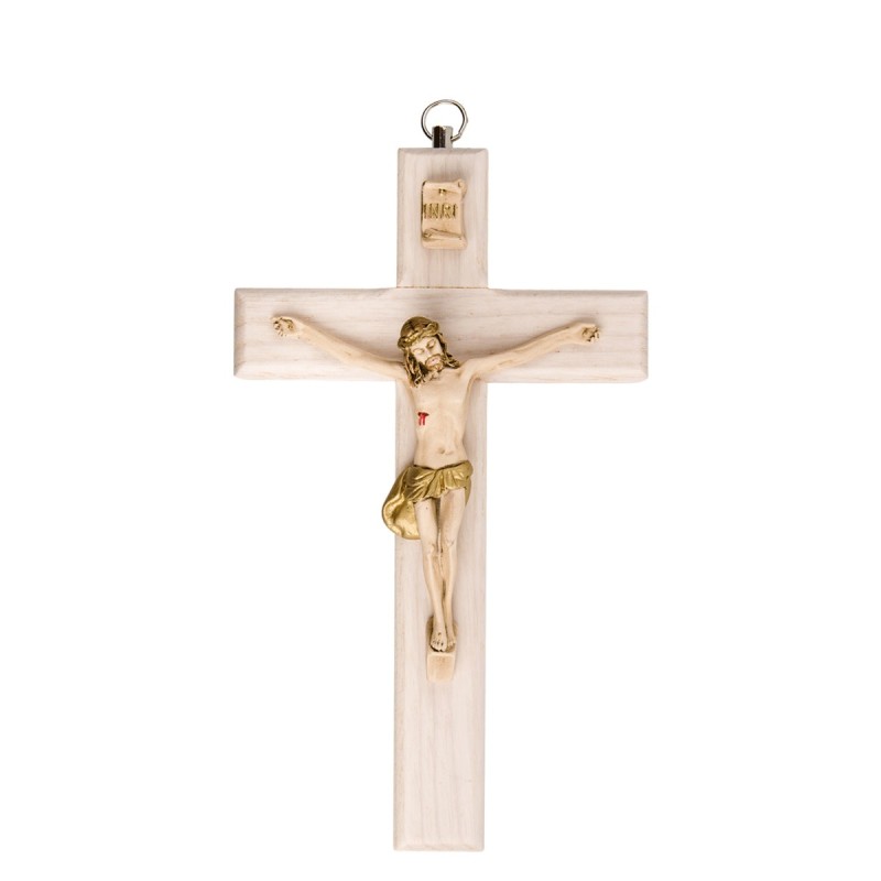 Crucifix en bois clair avec Christ en résine style bois, style bois..
