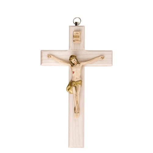 Crucifix en bois clair avec Christ en résine style bois, style bois..
