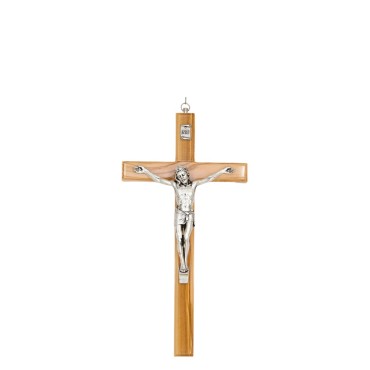Crucifix en bois d´olivier avec Christ en métal couleur argentée.