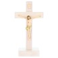 Crucifix en bois clair sur socle avec Christ en resine style bois..